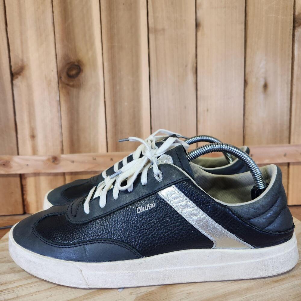 OluKai Ha'upu Shoes Womens 11 Black Leather Walking Comfort Sneakers 20493-4040